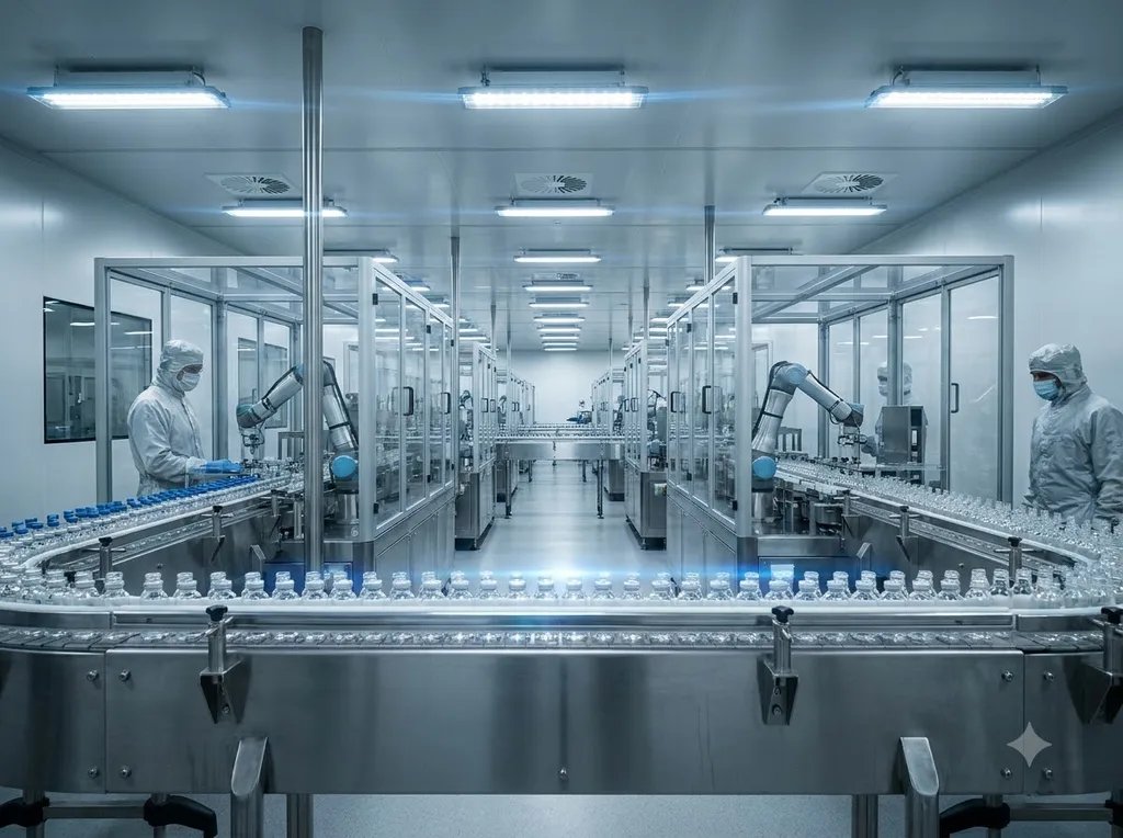 A high-tech, industrial, and highly sterile pharmaceutical production environment