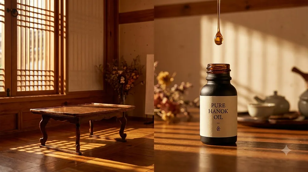 A quiet, traditional Korean Hanok room filled with soft, warm afternoon light and deep shadows, highlighting the purity of the oil