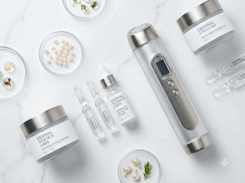 A sterile, minimalist clinical flat-lay that emphasizes high-tech dermal science and premium ingredients