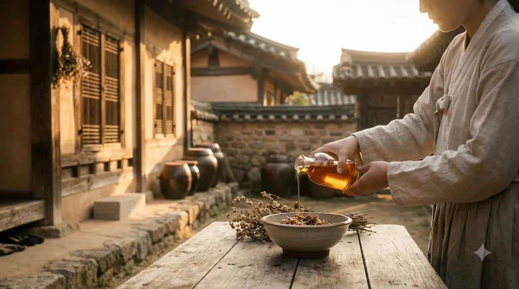 A nostalgic, rustic Korean courtyard setting from the early 20th century, evoking heritage, simplicity, and raw botanical purity