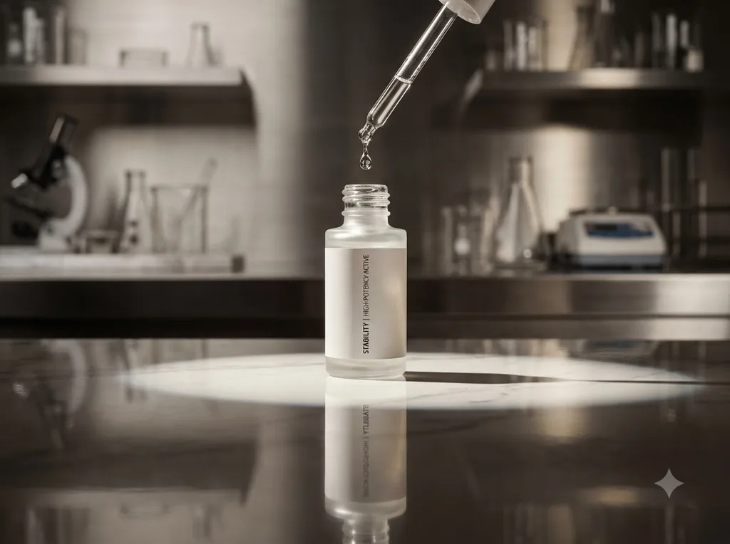 A clean, clinical, yet elegant laboratory setting emphasizing chemical stability and high-potency actives