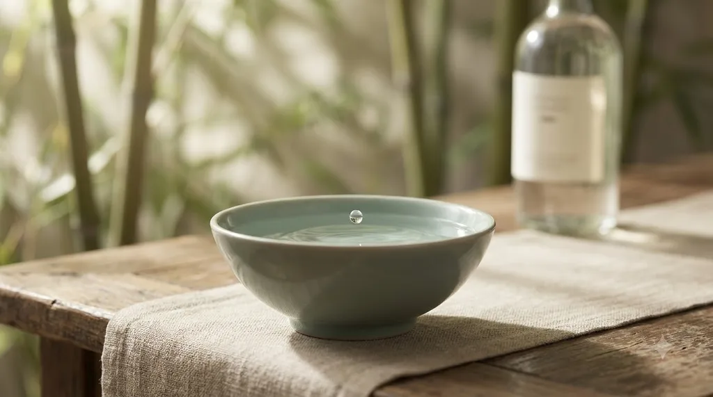 A serene, traditional Korean wabi-sabi setting with a minimalist celadon bowl, invoking deep hydration and timeless beauty