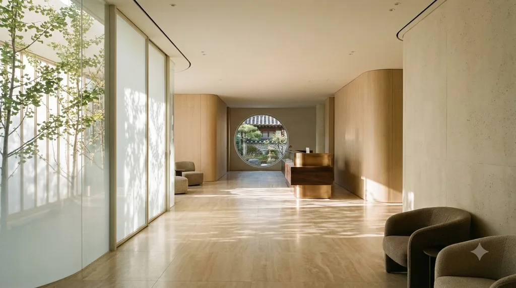 An ultra-premium, serene, and architectural medical space in Seoul, combining clinical cleanliness with warm Korean luxury