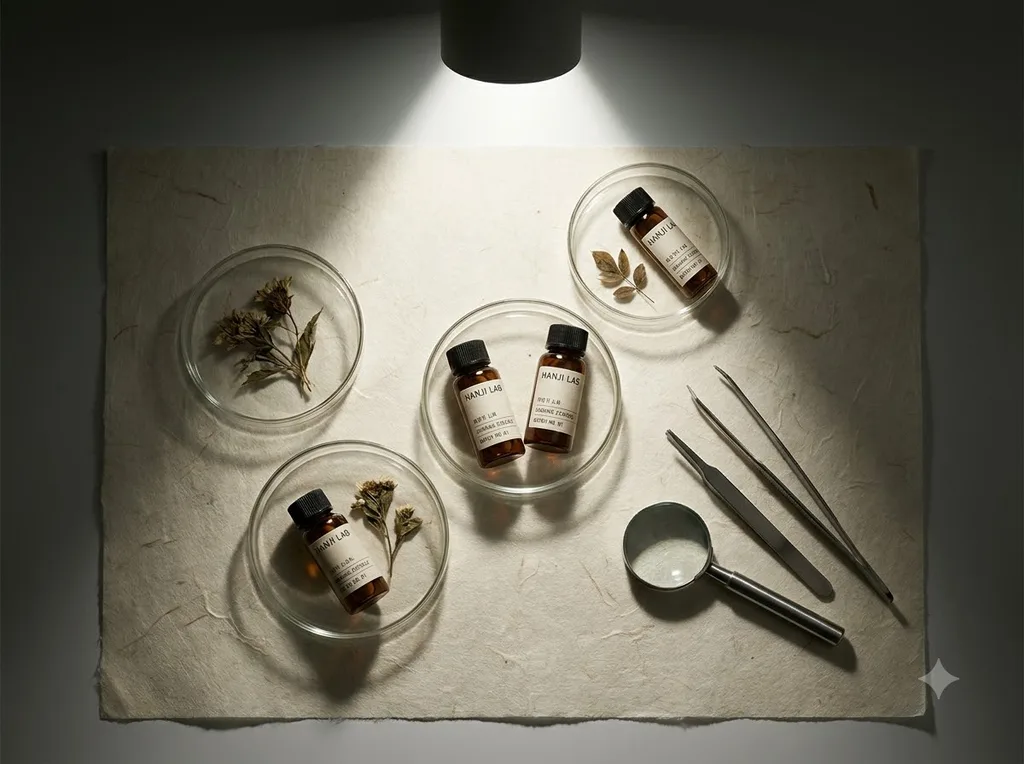 A sterile but organic laboratory environment where traditional hanji paper meets modern scientific observation