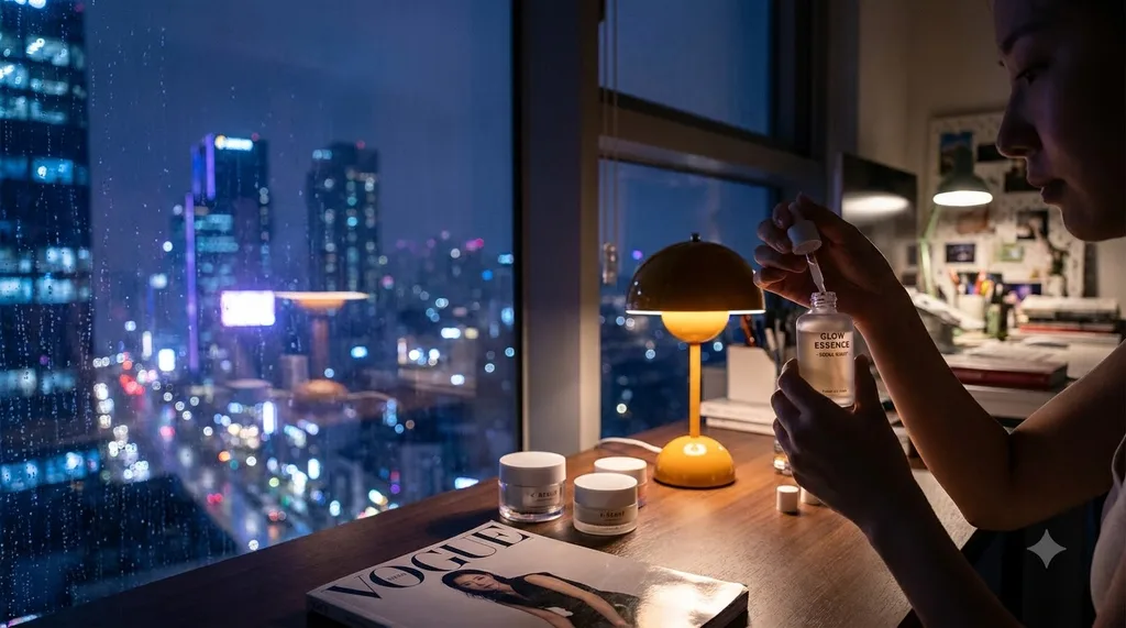 Moody, nocturnal urban aesthetic capturing the quiet intensity of a midnight skincare routine in a high-rise Seoul apartment