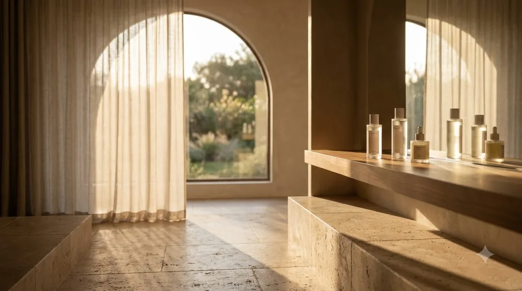 Serene, early morning golden hour light casting long shadows across warm beige stone tiles, evoking a tranquil modern sanctuary