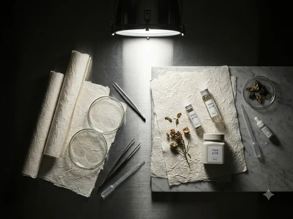 A sterile but organic laboratory environment where traditional hanji paper meets modern scientific observation