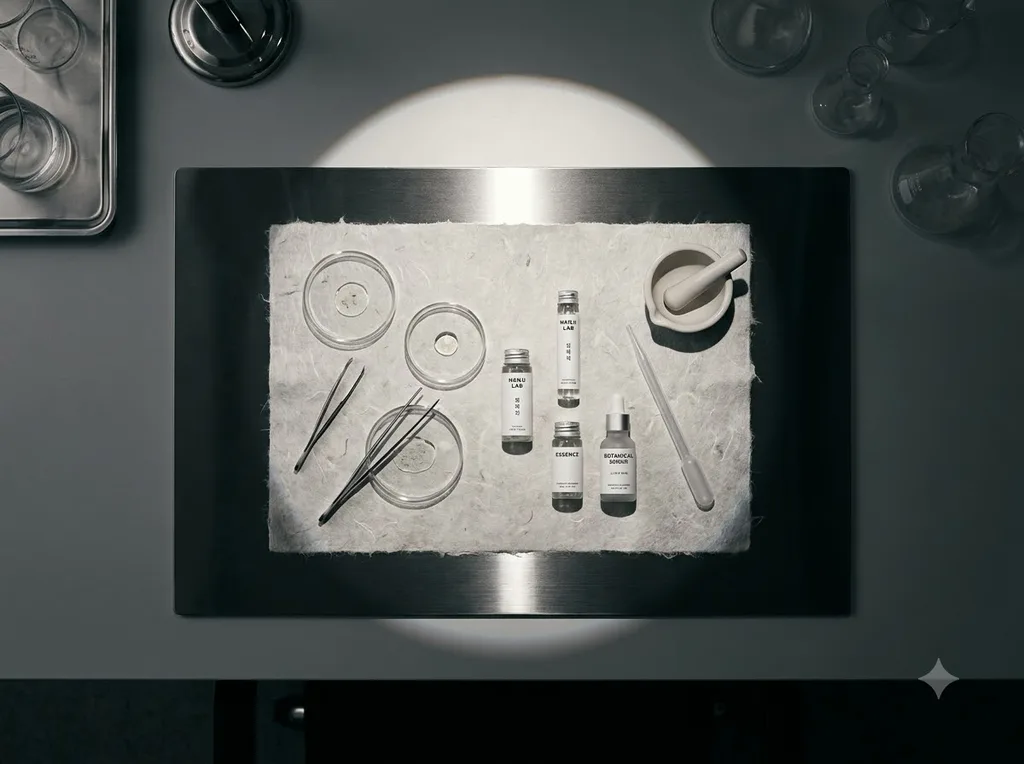 A sterile but organic laboratory environment where traditional hanji paper meets modern scientific observation
