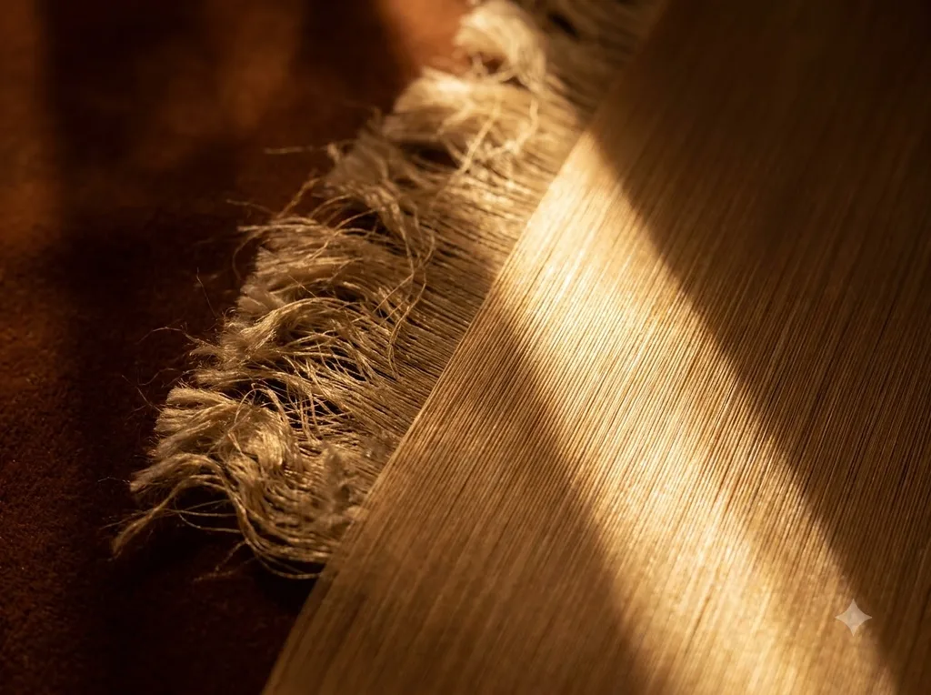 A clean, artistic representation of fiber alignment, using the physical texture of premium Korean raw silk to mirror the structure of a hair cuticle