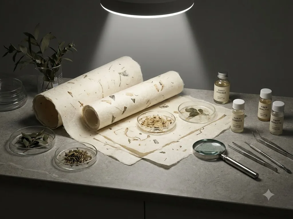 A sterile but organic laboratory environment where traditional hanji paper meets modern scientific observation