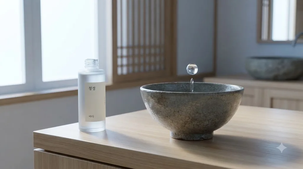 A serene, contemplative, yet highly structured Korean minimalist setting, blending ancient pottery textures with clinical clean lines