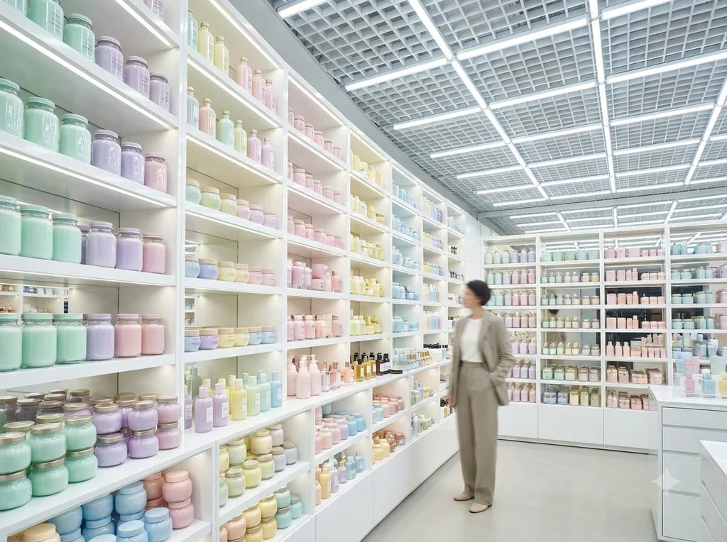 Vibrant, sensory overload of endless pastel-colored bottles and jars crammed onto bright retail shelving
