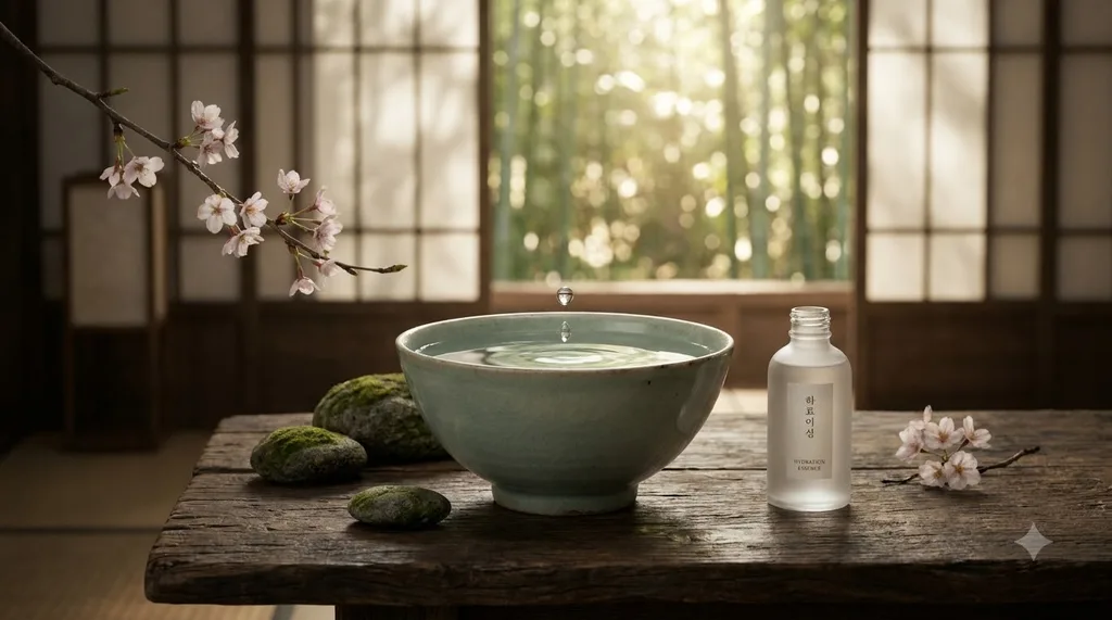 A serene, traditional Korean wabi-sabi setting with a minimalist celadon bowl, invoking deep hydration and timeless beauty