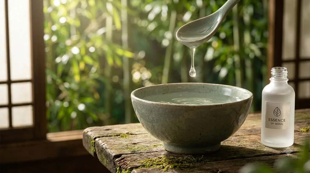 A serene, traditional Korean wabi-sabi setting with a minimalist celadon bowl, invoking deep hydration and timeless beauty