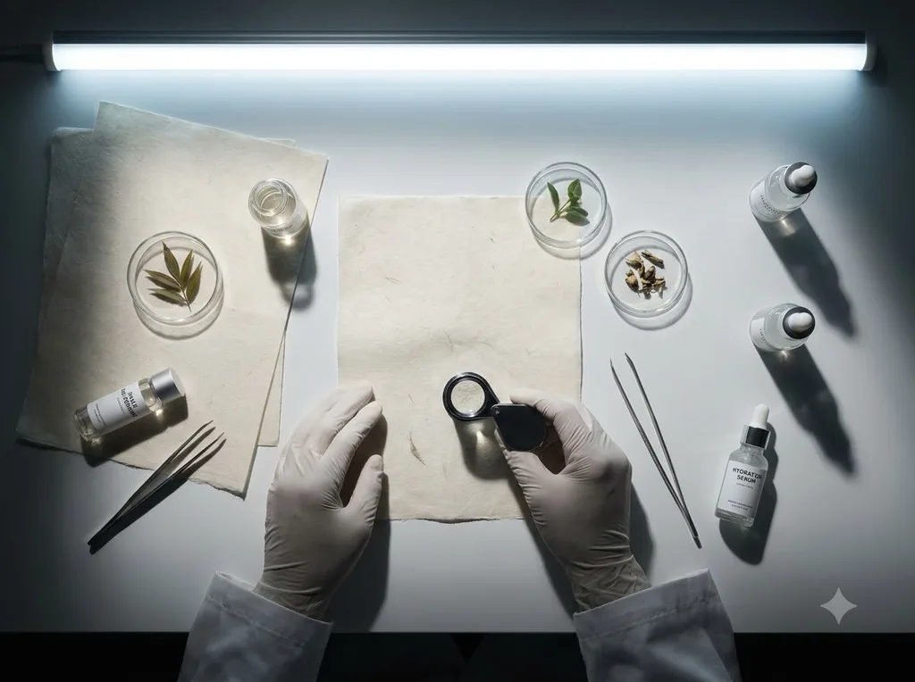 A sterile but organic laboratory environment where traditional hanji paper meets modern scientific observation