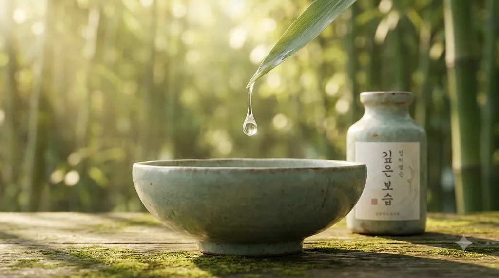 A serene, traditional Korean wabi-sabi setting with a minimalist celadon bowl, invoking deep hydration and timeless beauty