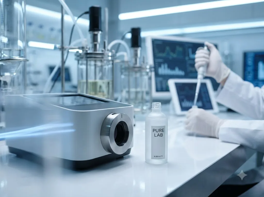 A high-tech, clinical, yet elegant cosmetic lab setting that emphasizes precision and objective data