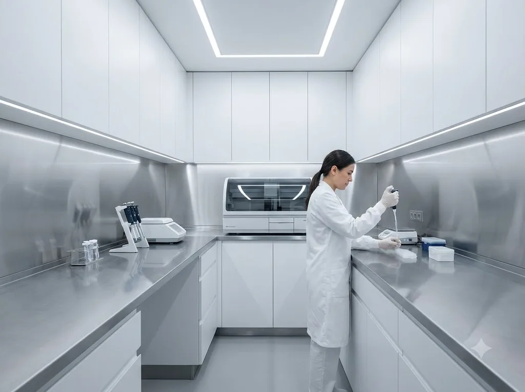 Scientific, pristine, and strictly regulated laboratory environment with brushed steel and white surfaces