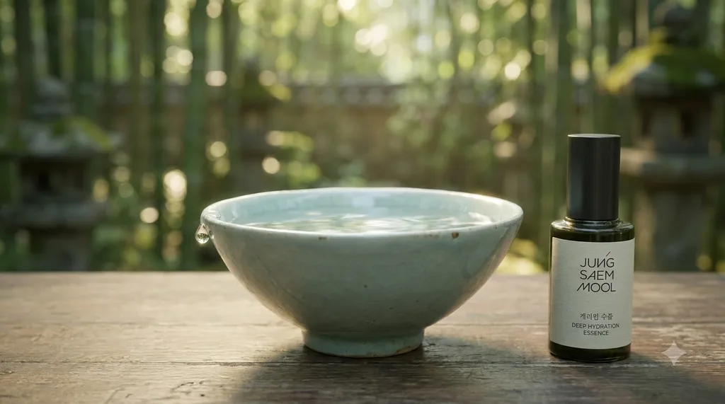 A serene, traditional Korean wabi-sabi setting with a minimalist celadon bowl, invoking deep hydration and timeless beauty