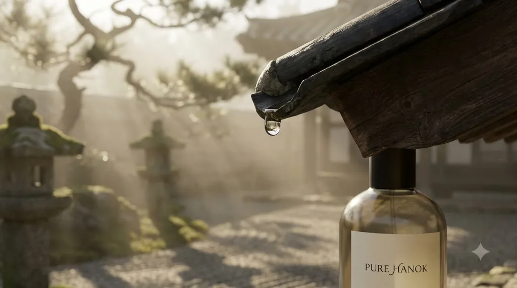 A serene, traditional Korean Hanok courtyard at sunrise, focusing on natural purity, clean lines, and a peaceful wabi-sabi aesthetic
