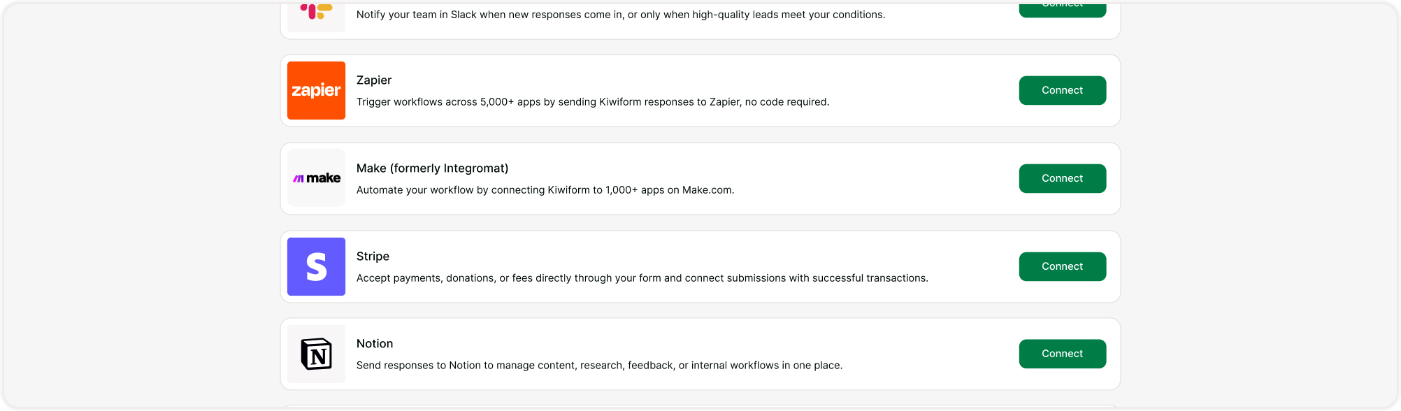 Kiwiform Integrations page