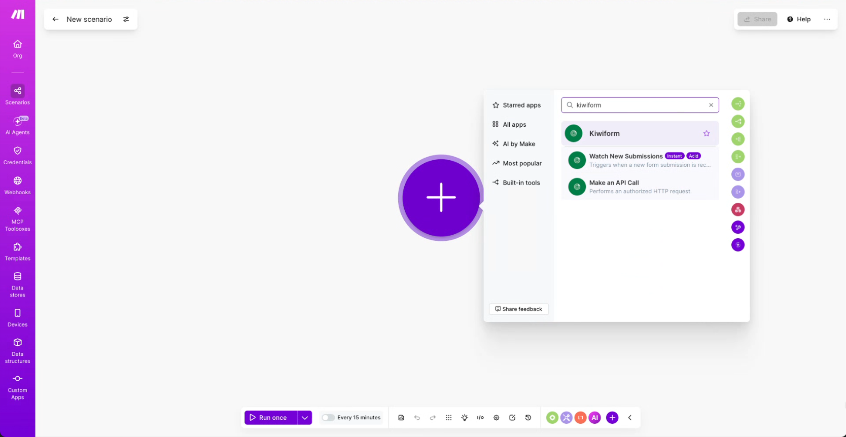 Make Scenario Builder showing Kiwiform trigger