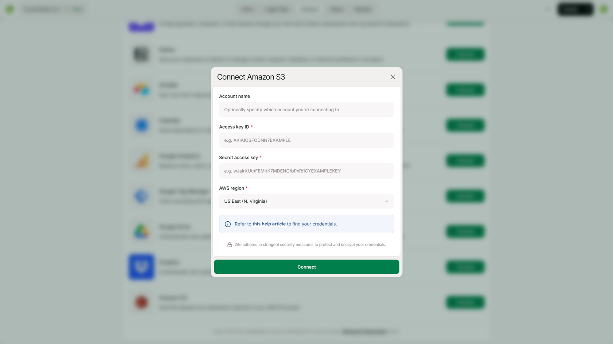 Amazon S3 connection settings inside Kiwiform