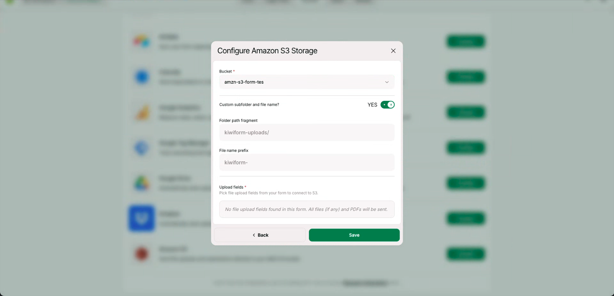 Bucket selection and folder configuration screen