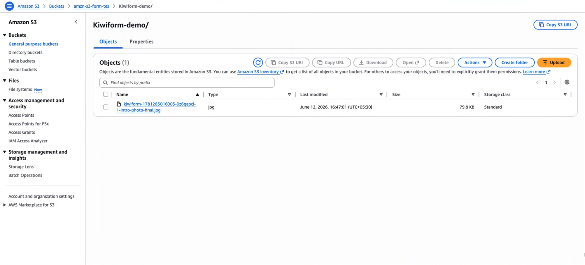 Successful file upload visible inside Amazon S3 bucket