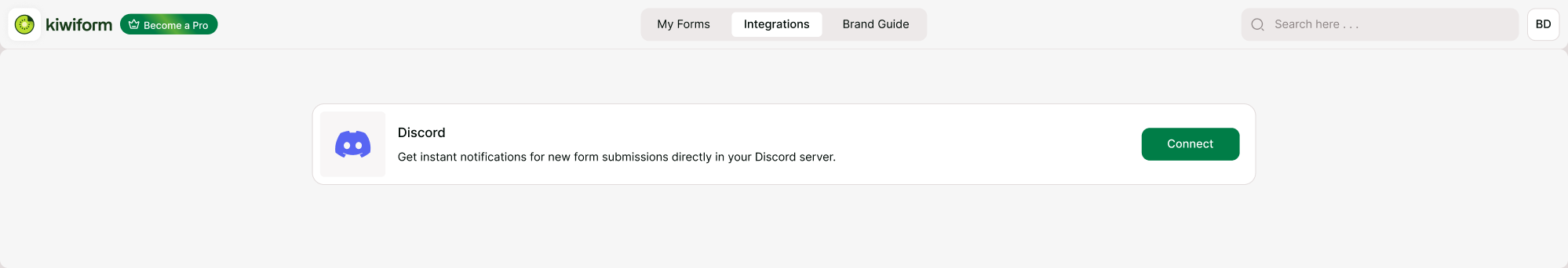 Discord integration card in the Kiwiform Integrations page