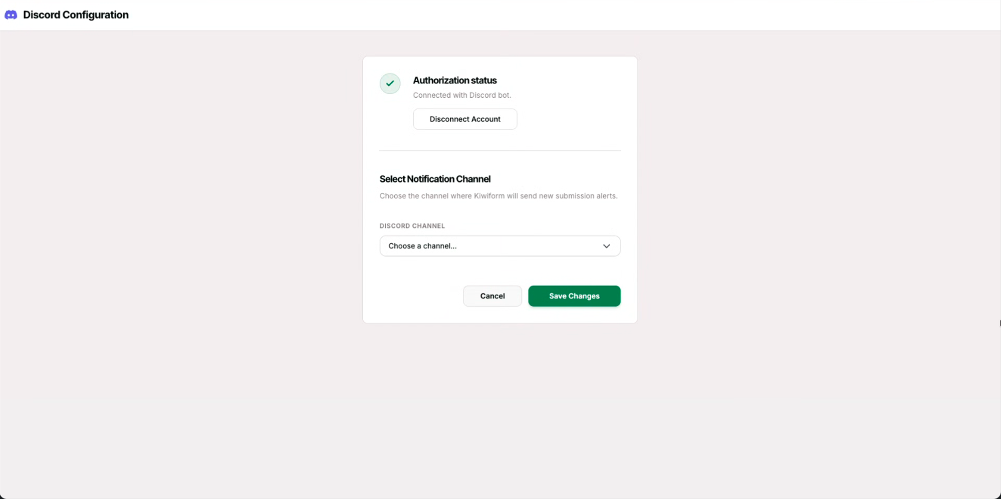 Discord webhook configuration inside Kiwiform