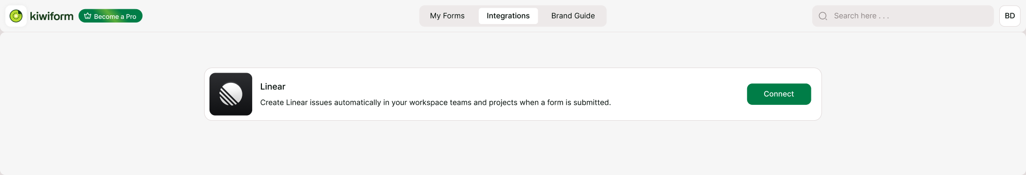 Linear integration card on the Kiwiform Integrations page