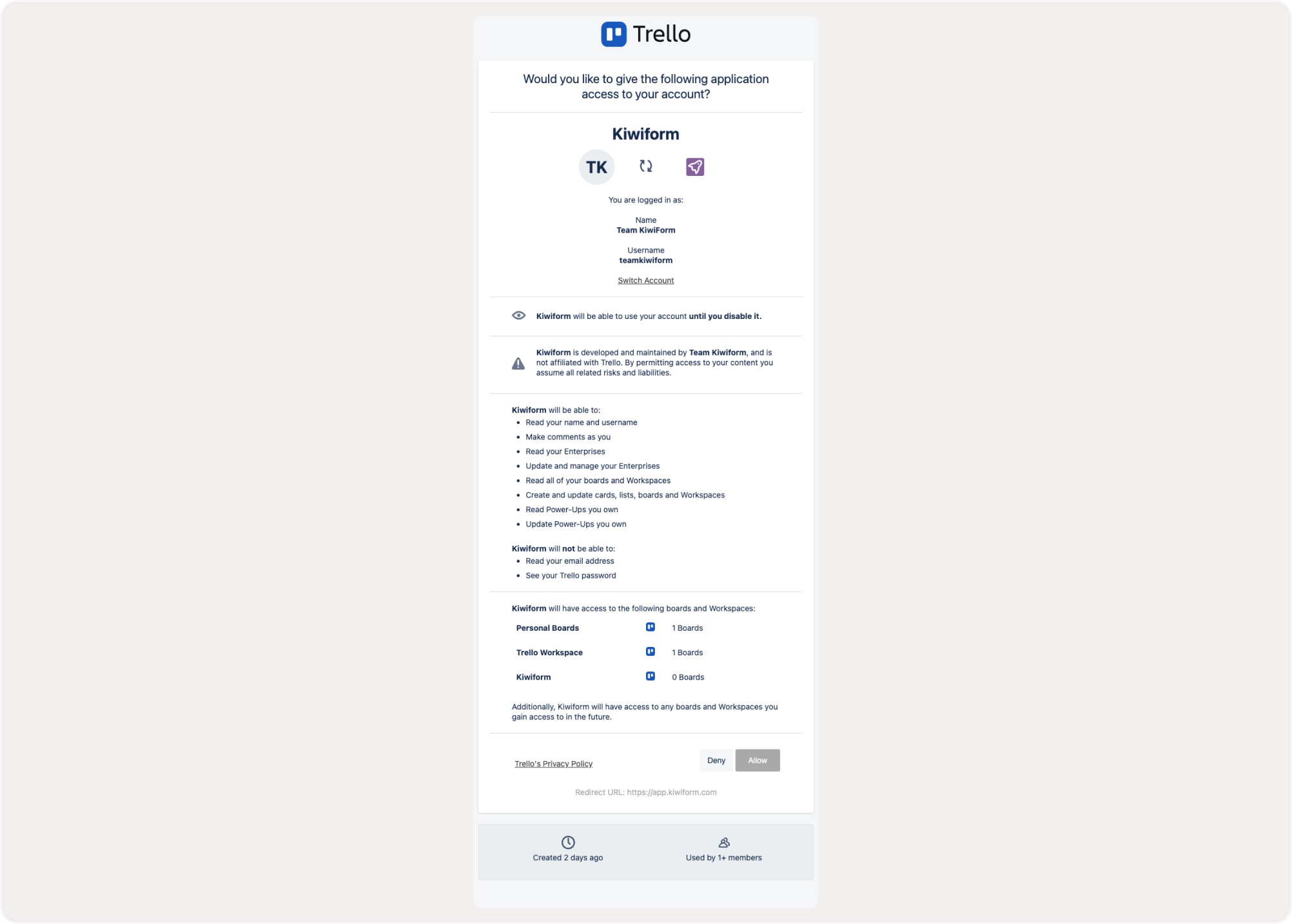 Trello account authorization screen