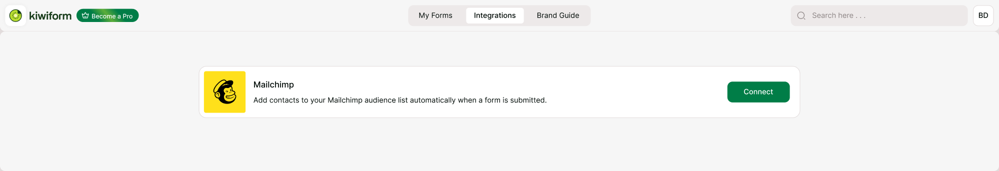 Mailchimp integration card on the Kiwiform Integrations page