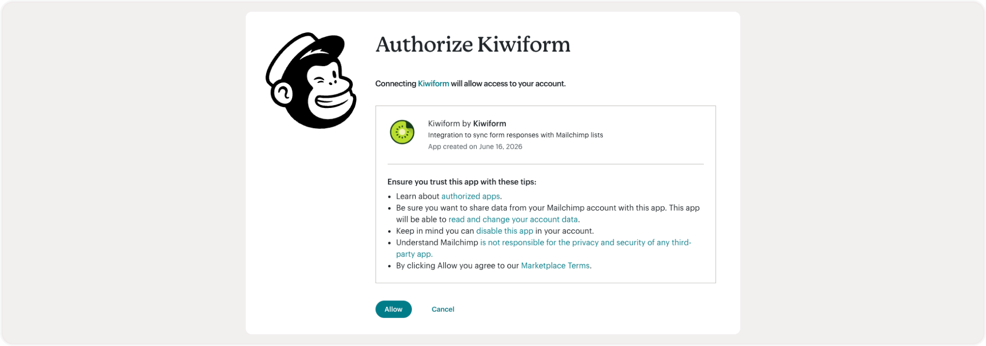 Mailchimp authorization screen