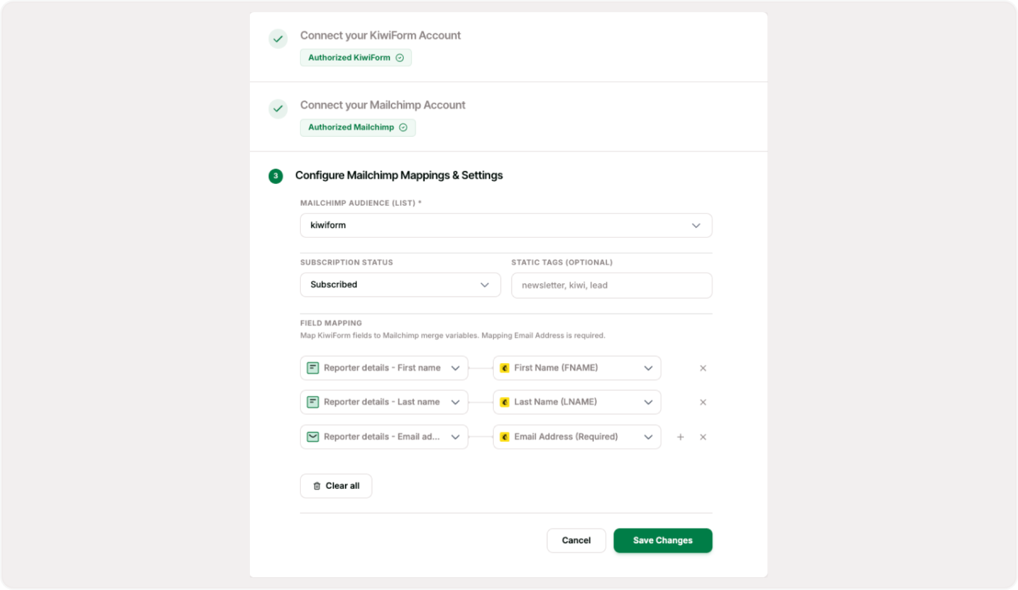 Field mapping configuration screen
