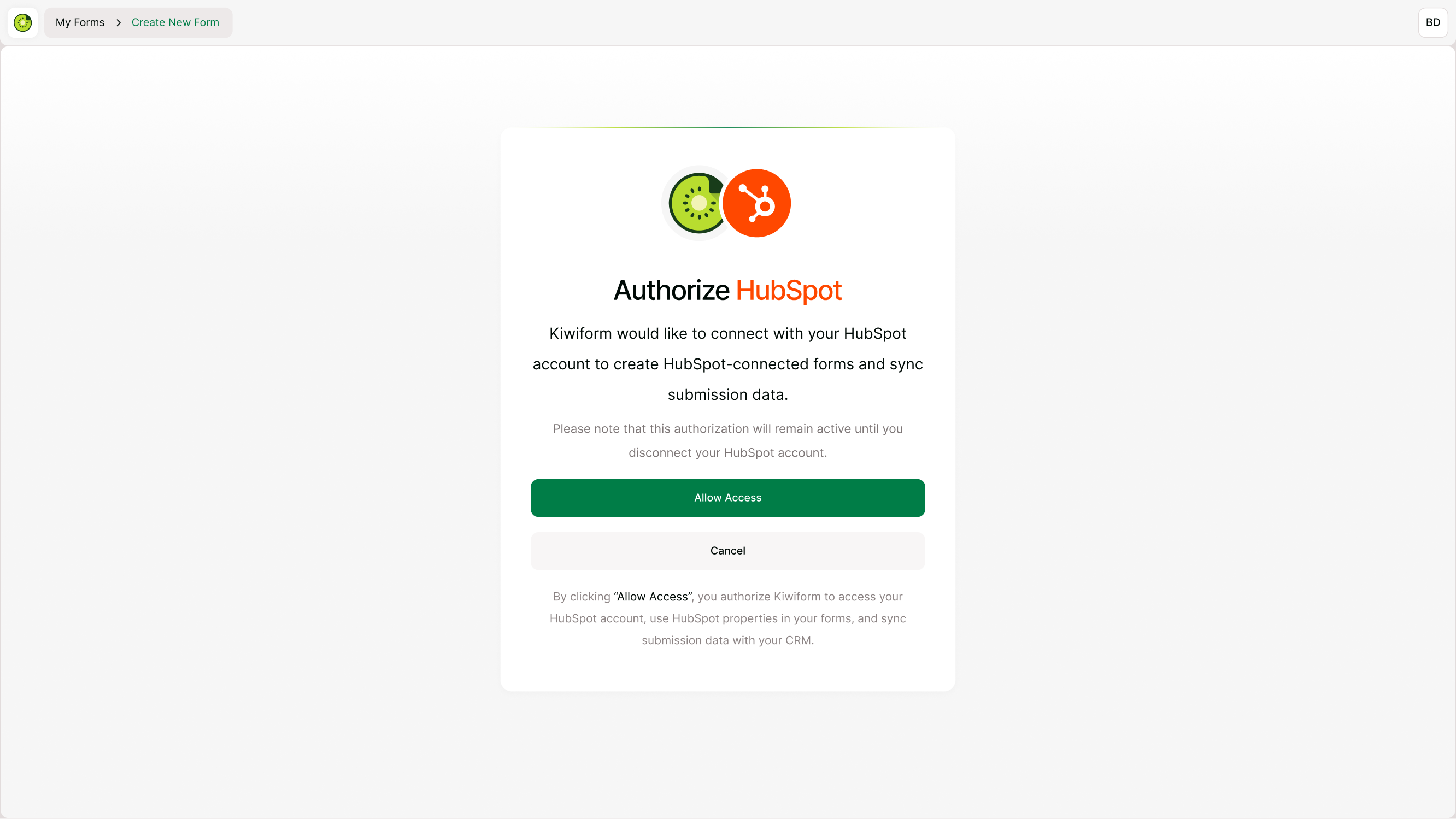 HubSpot Auth screen