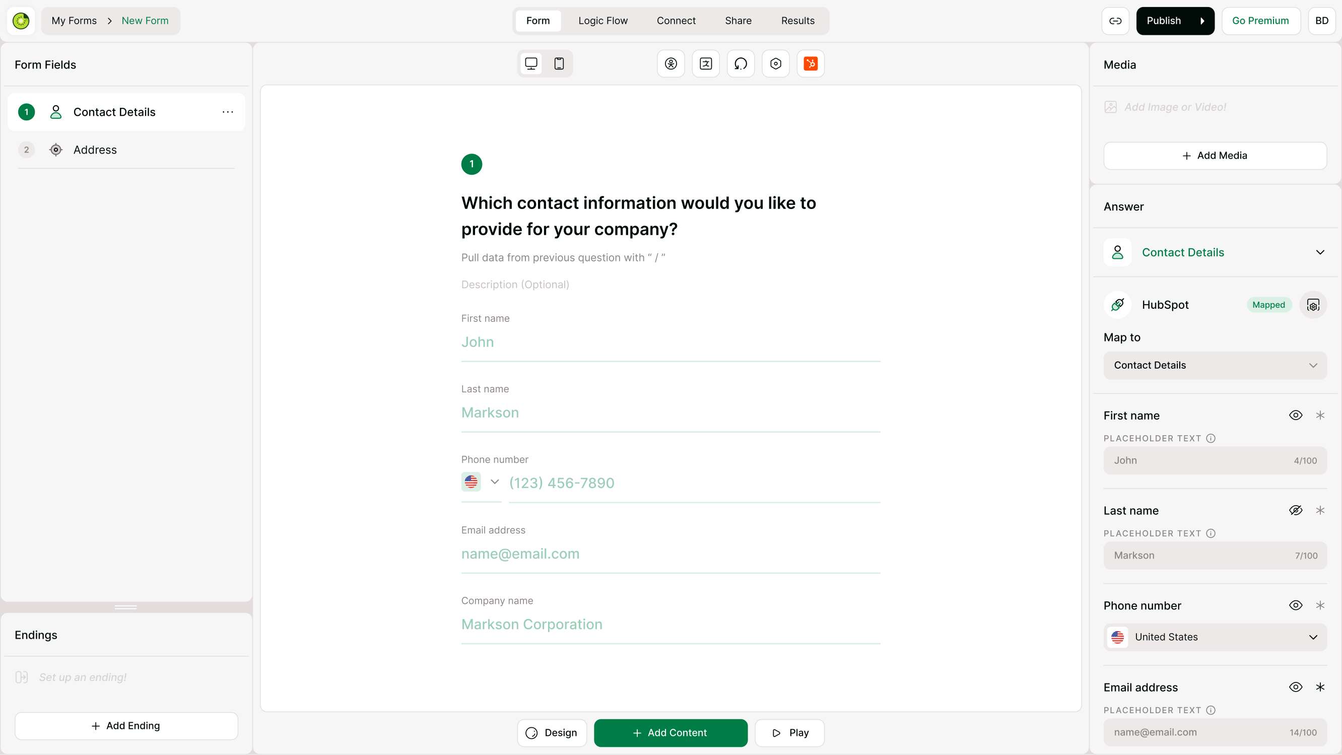 HubSpot-connected form builder with mapped fields.