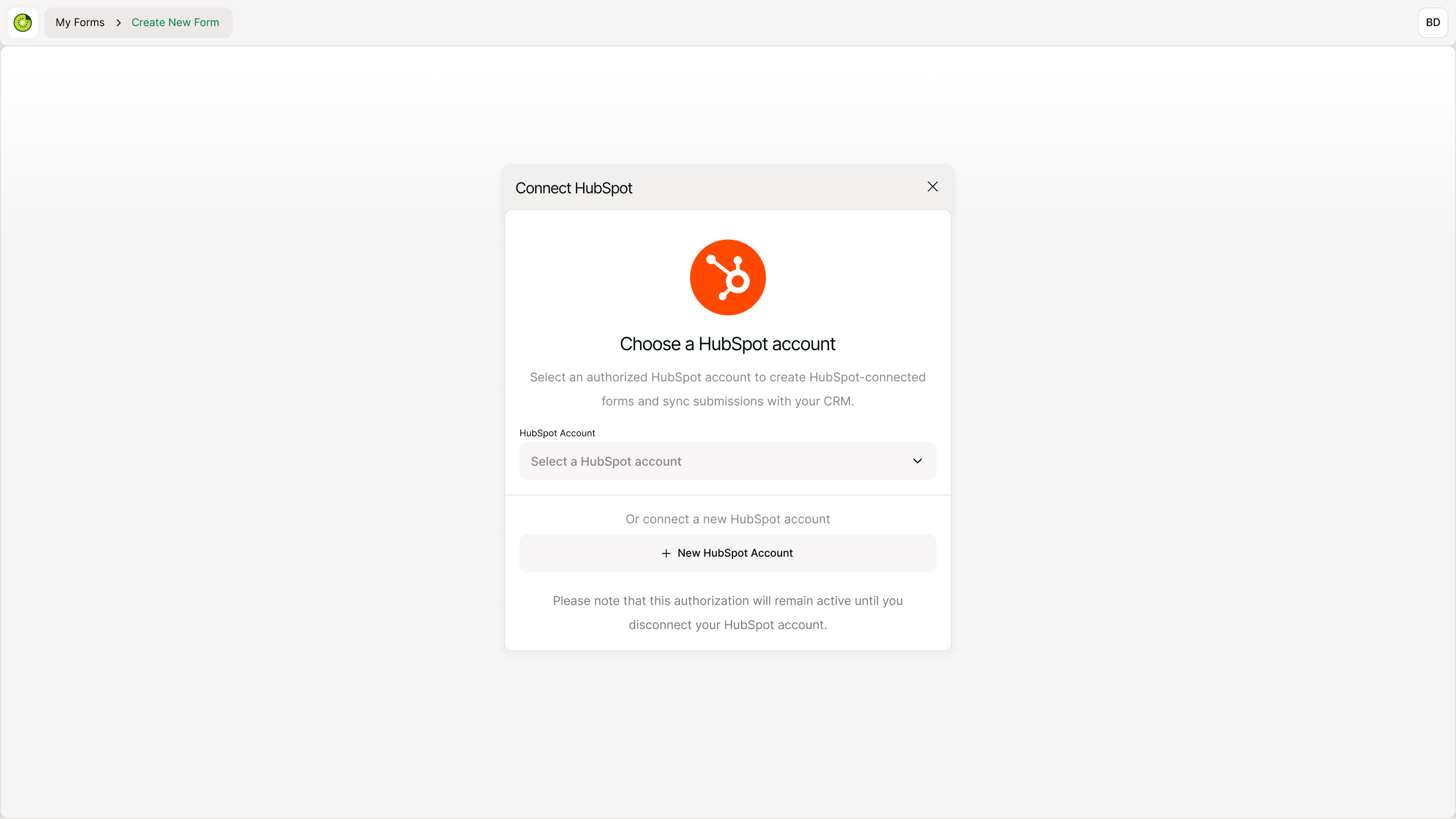 HubSpot account selection and authorization screen.