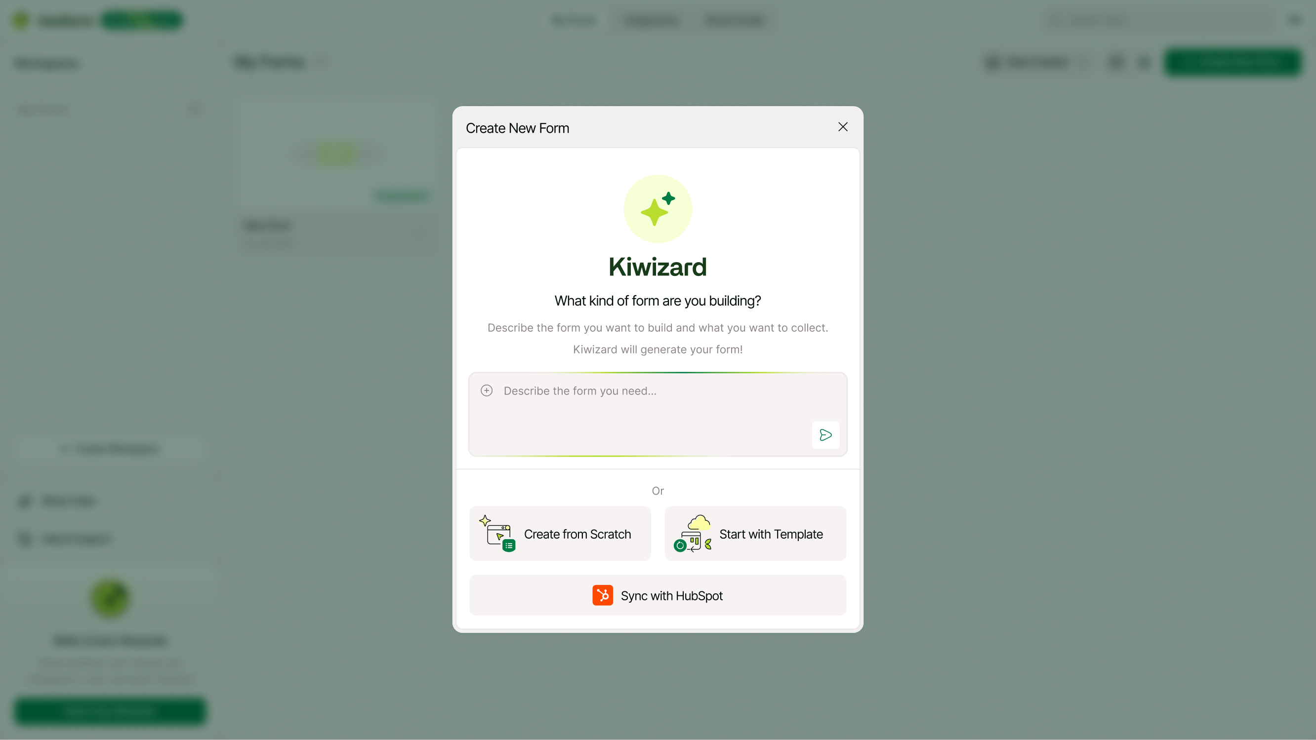 Create Form screen showing the "Sync with HubSpot" option.
