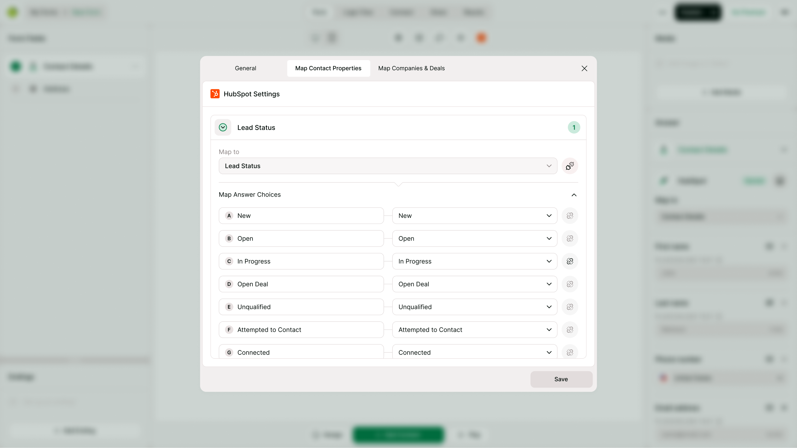 Property mapping screen with answer-choice mapping expanded