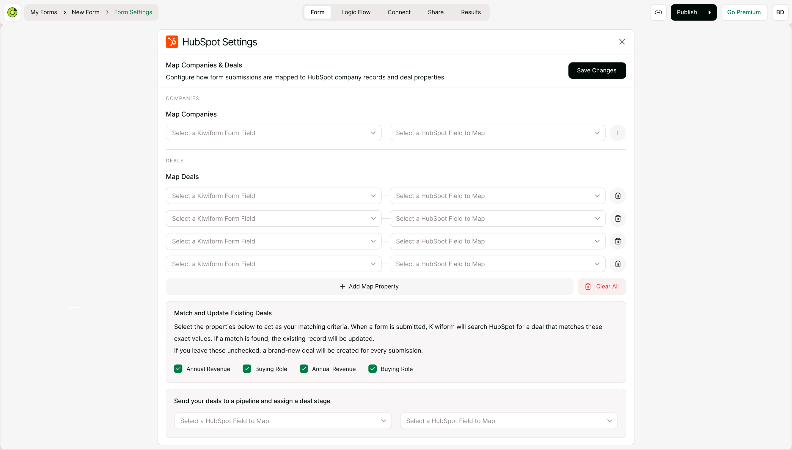 Deal stage and pipeline assignment settings.