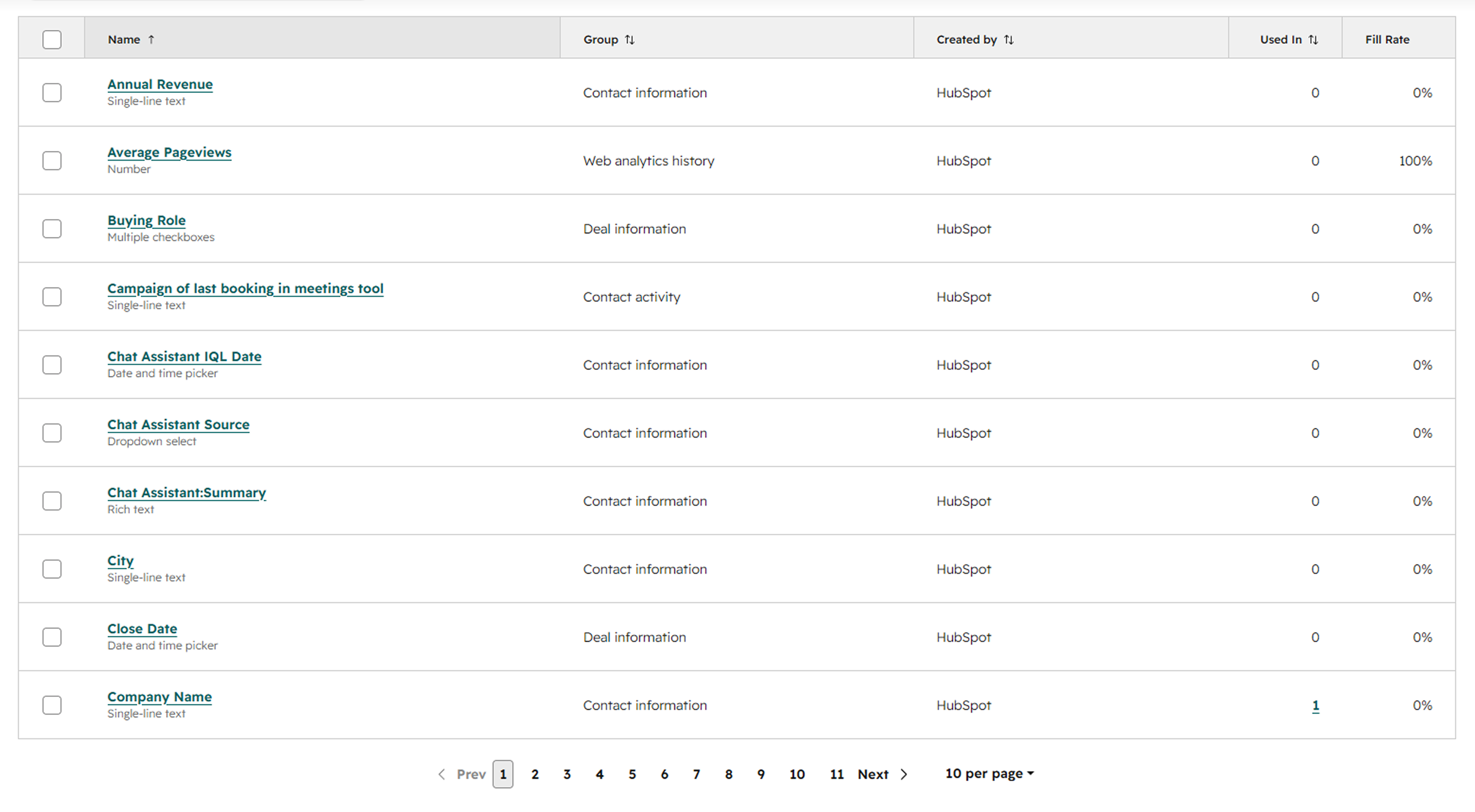 HubSpot custom property selection screen.