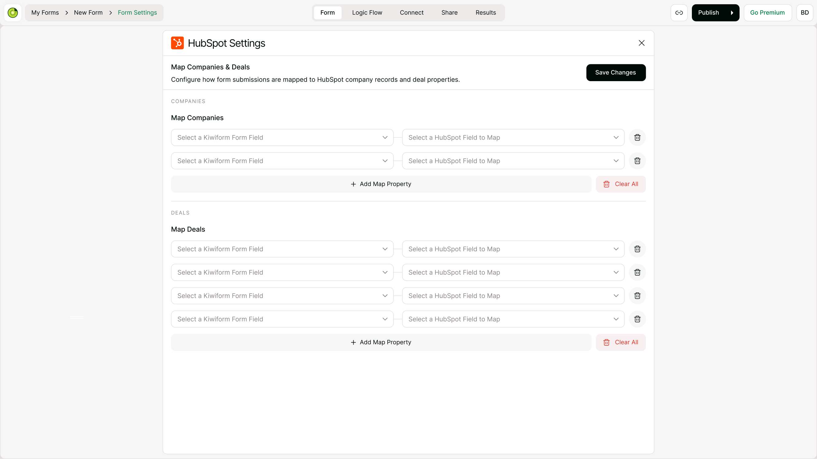 HubSpot Companies & Deals settings page in Kiwiform.