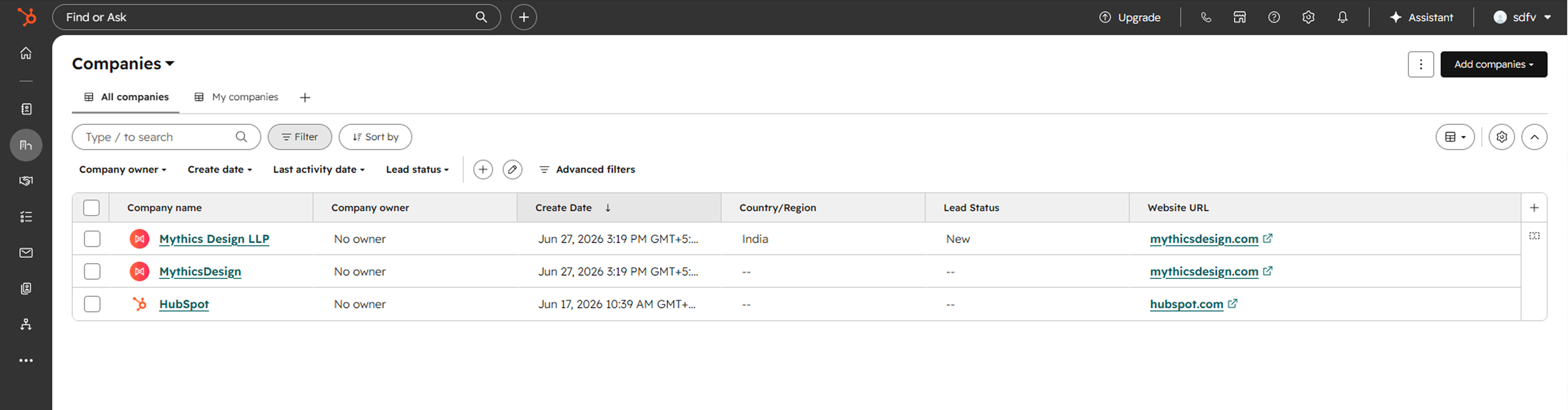 Example workflow showing form submission creating a company and deal record.