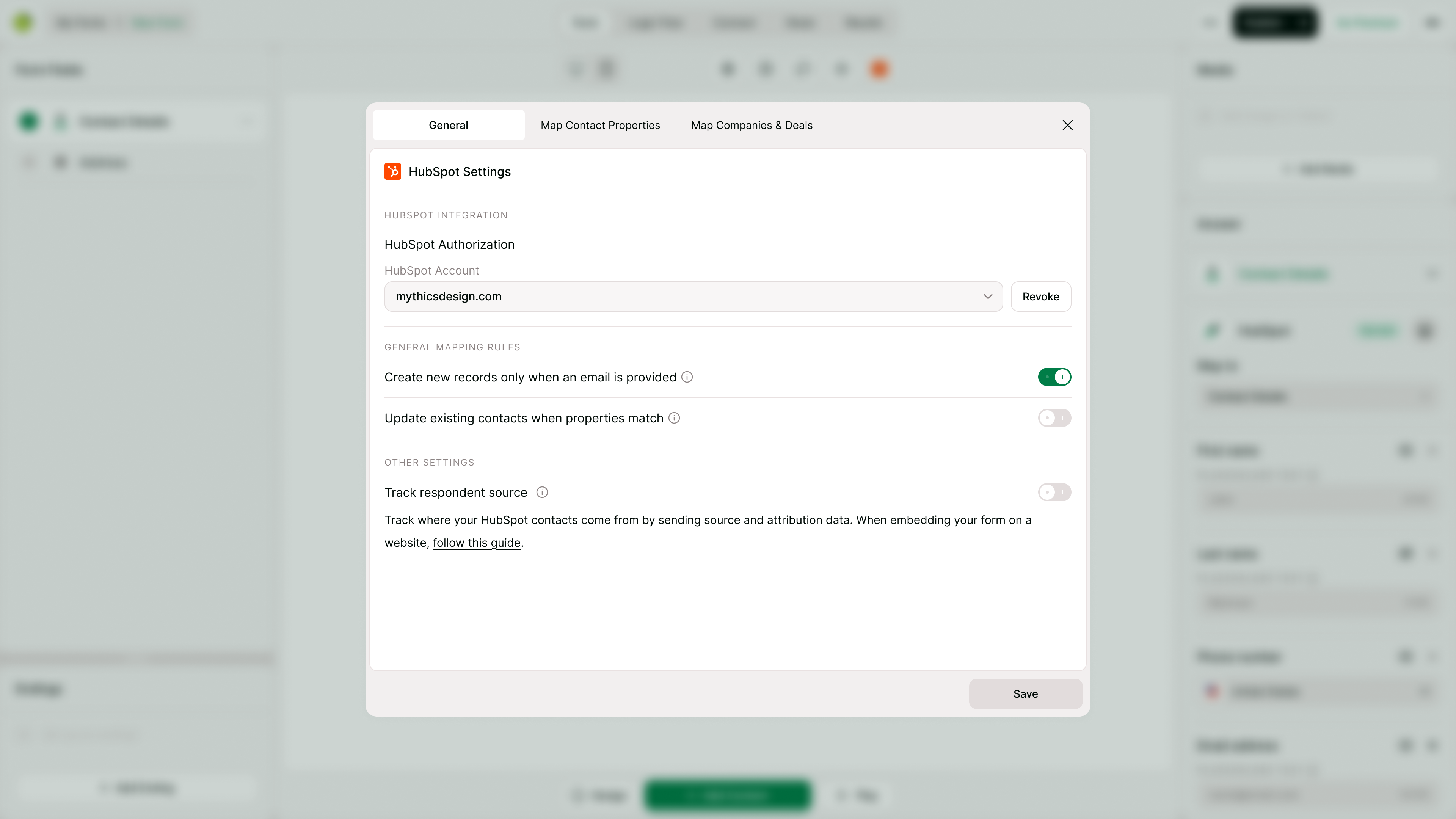 HubSpot-connected form settings screen.