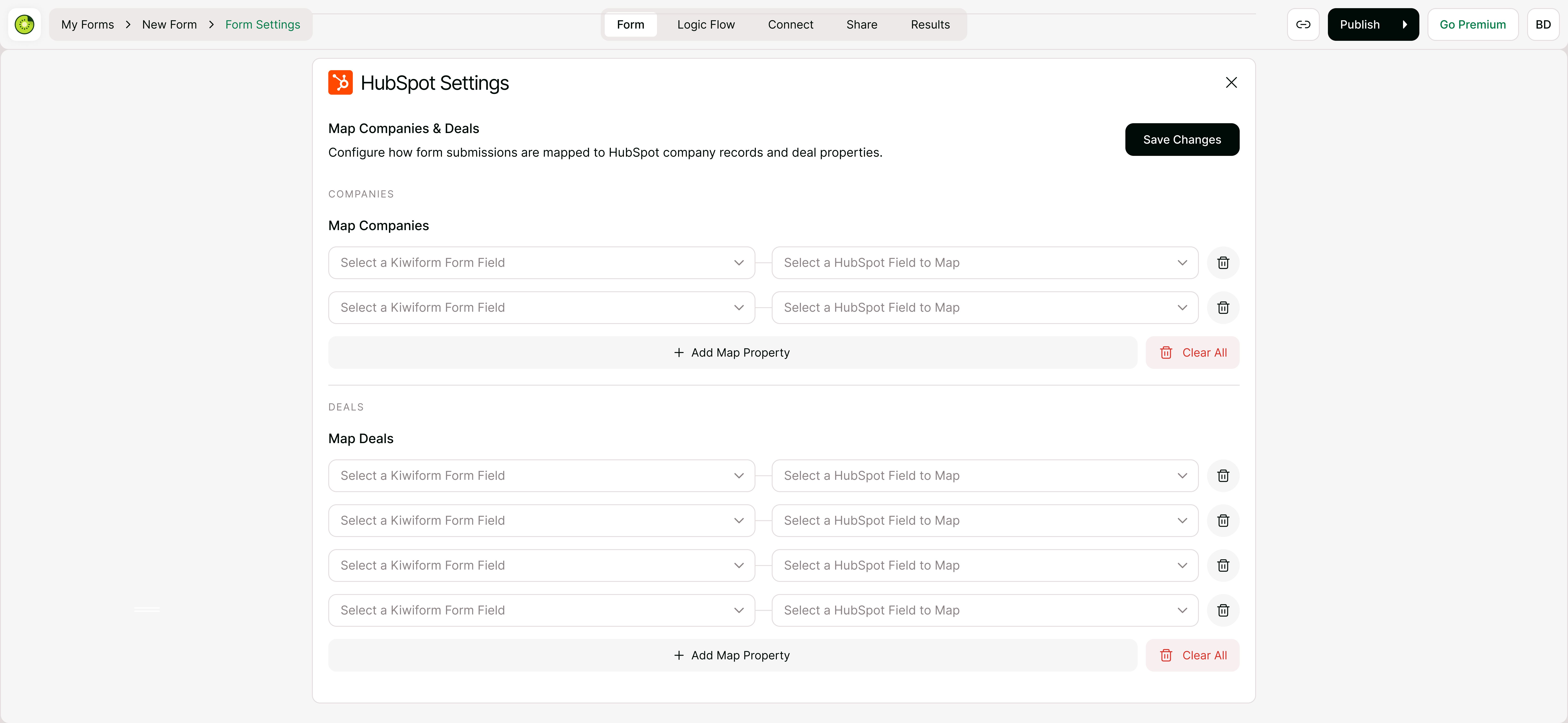 Company and deal property mapping interface