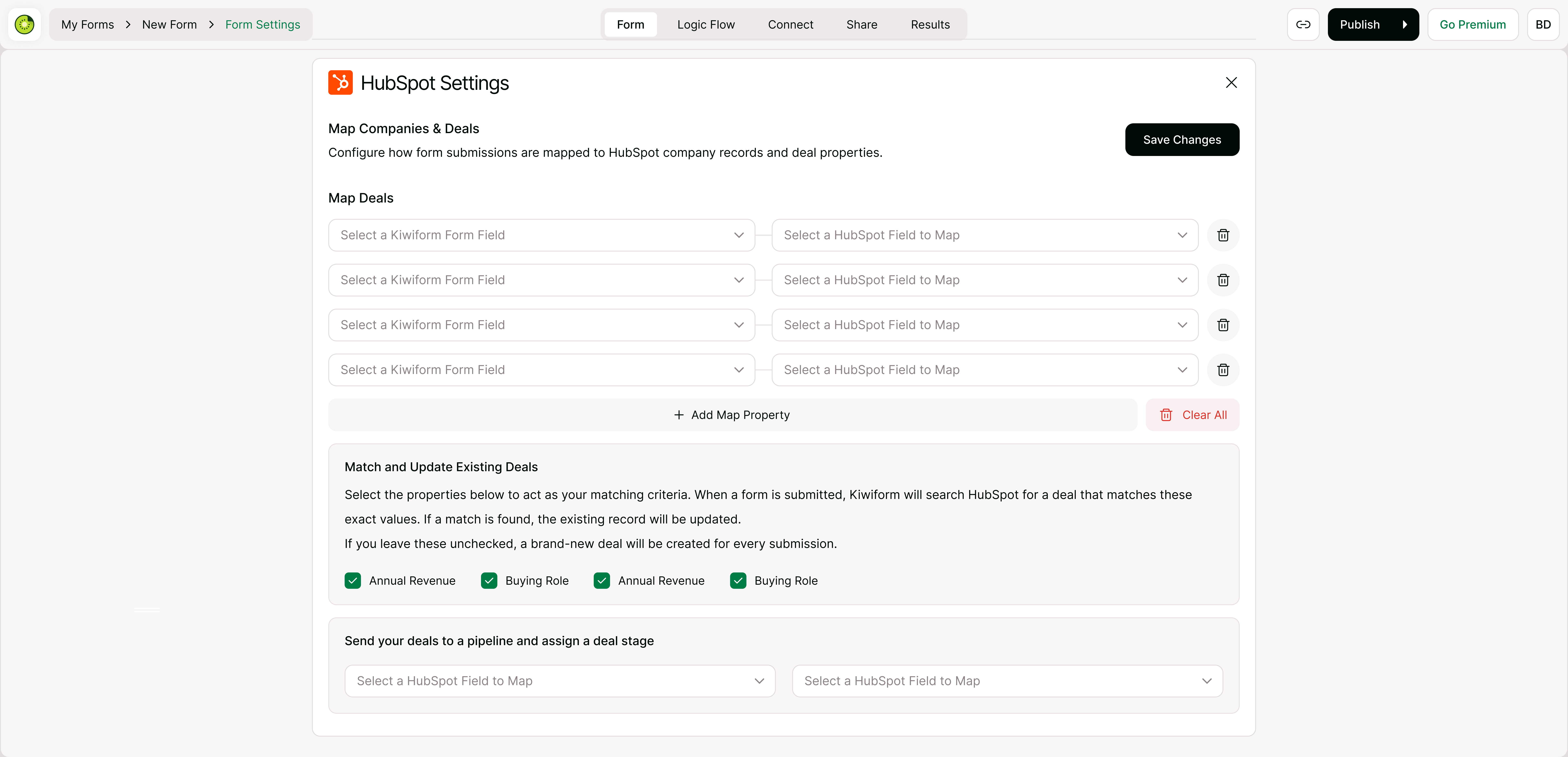 Pipeline and stage assignment settings.