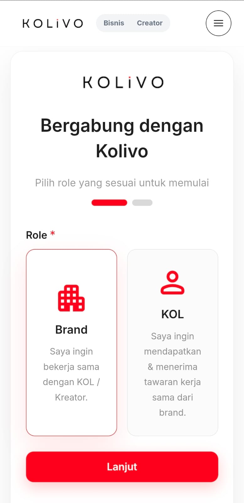 Halaman daftar Kolivo dengan pilihan gabung sebagai Brand