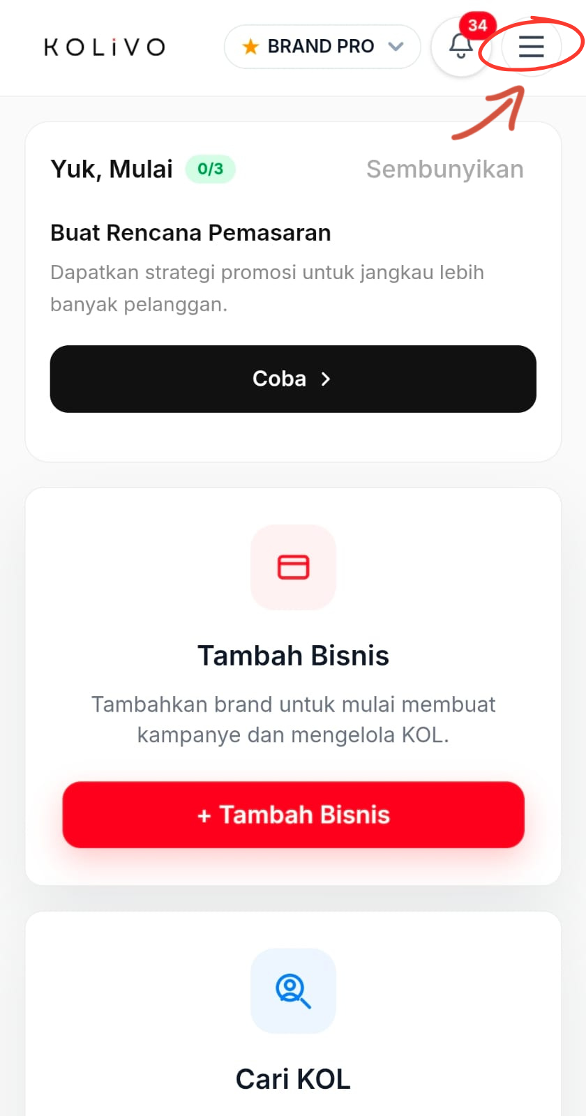 Menu Kampanye KOL di dashboard Kolivo